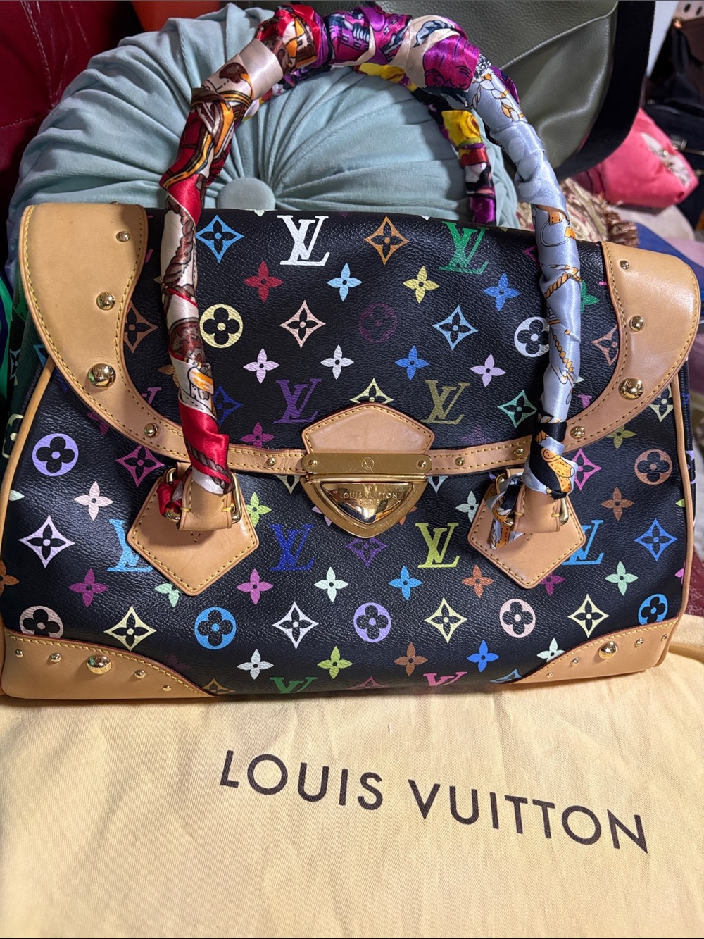 Vintage Louis Vuitton Black Multicolor Monogram Leather Satchel with Tan Trim